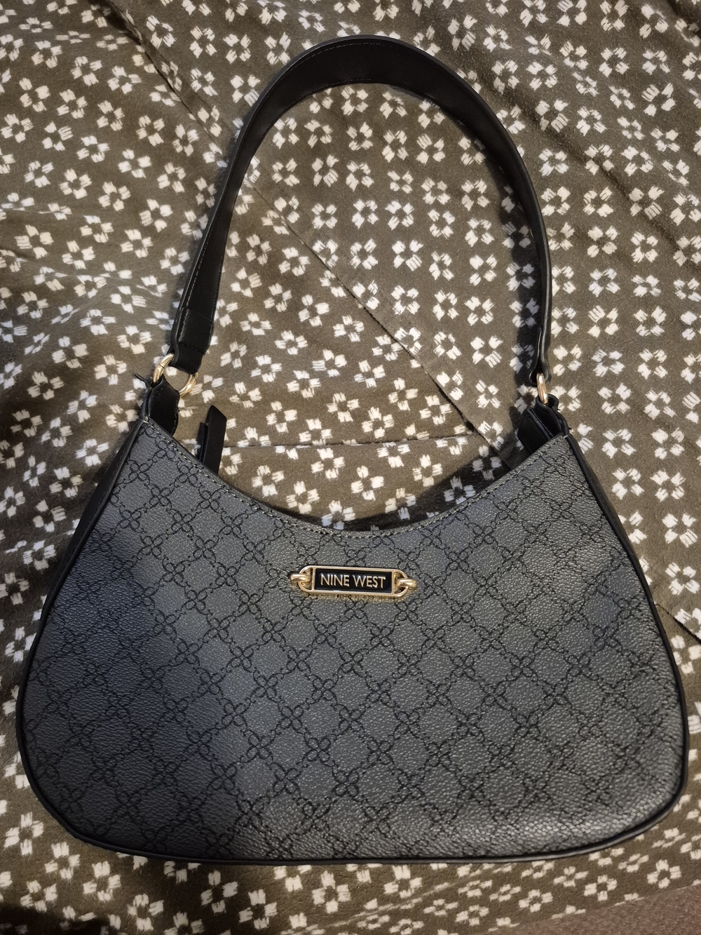 Nine West Black Monogram Shoulder Bag with Gold Hardware